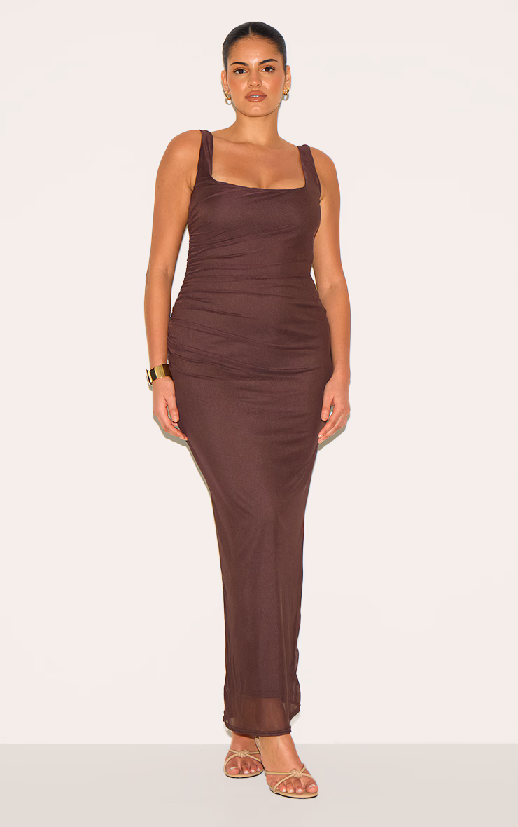 Plus Chocolate Double Layer Mesh Square Neck Ruched Midaxi Dress
