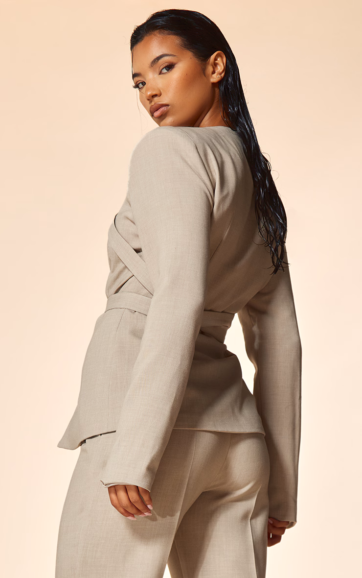 PLT Label Oatmeal Strap Detail Cross Over Fitted Blazer