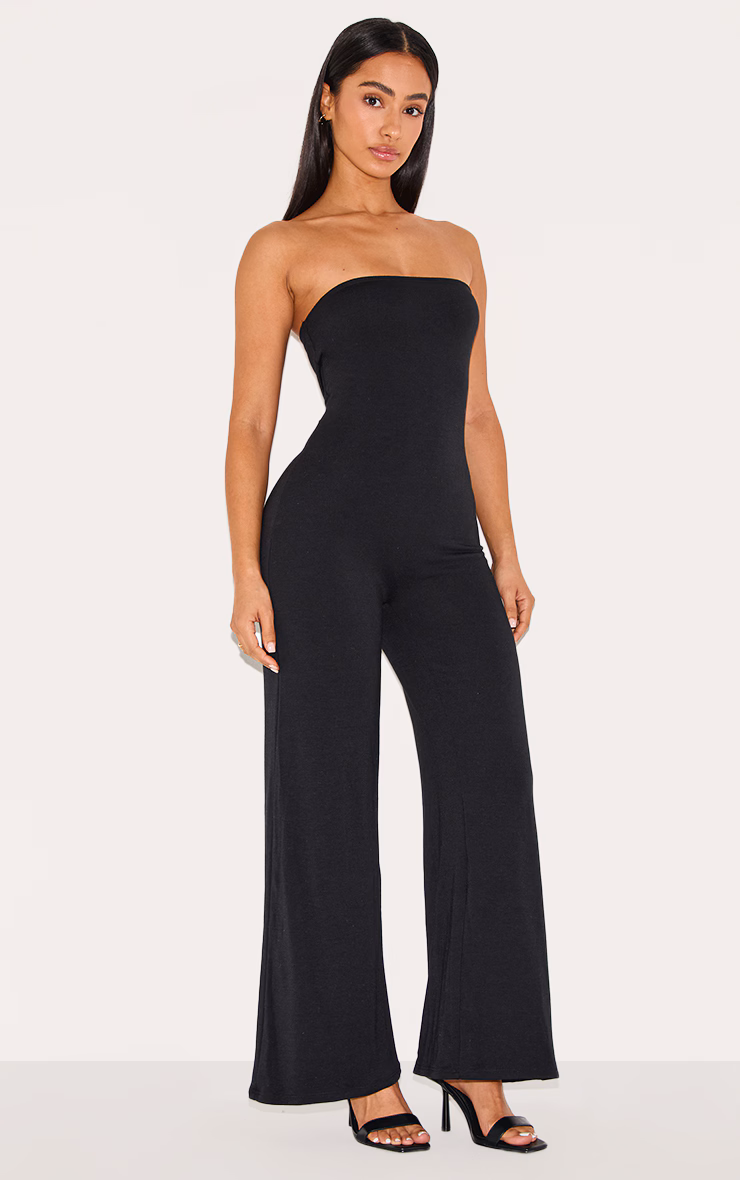 Petite Black Double Layer Jersey Bandeau Wide Leg Jumpsuit