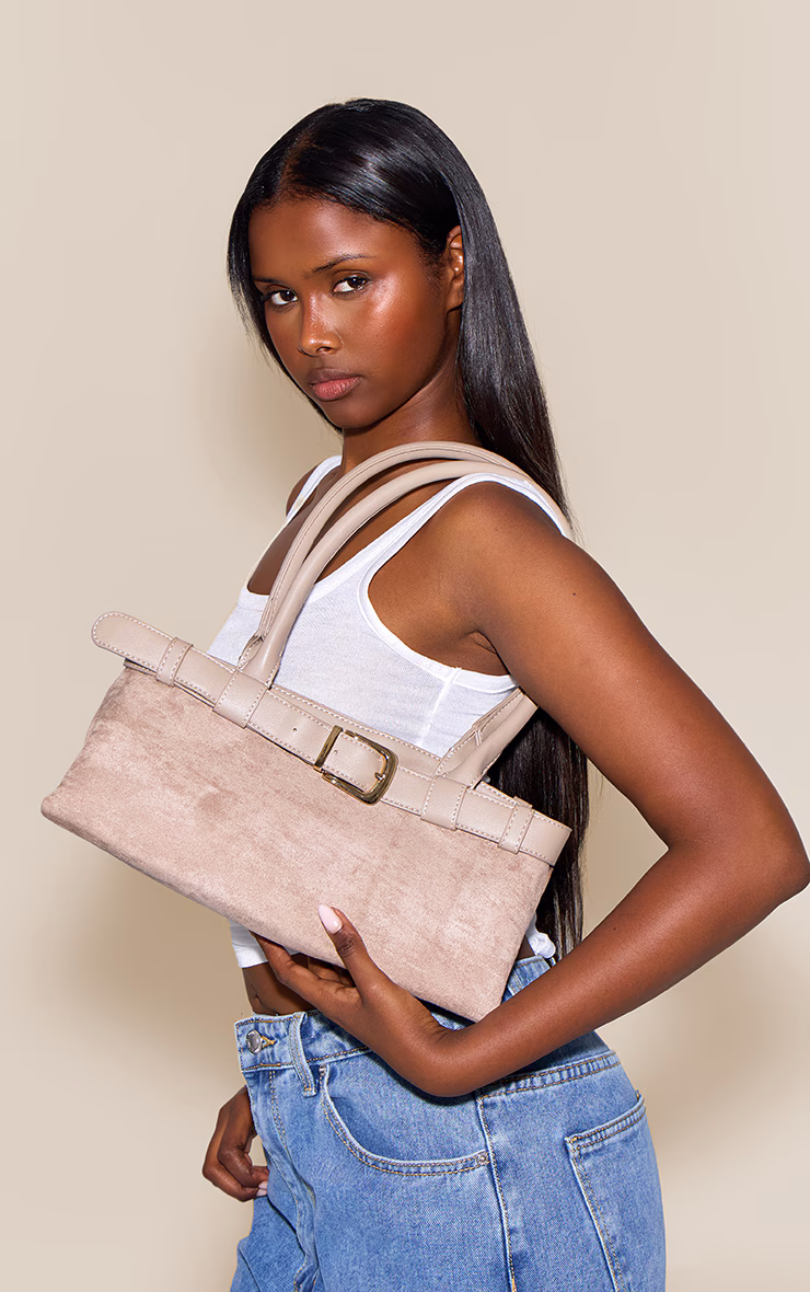 Mushroom Suede Belted PU Elongated Shoulder Bag