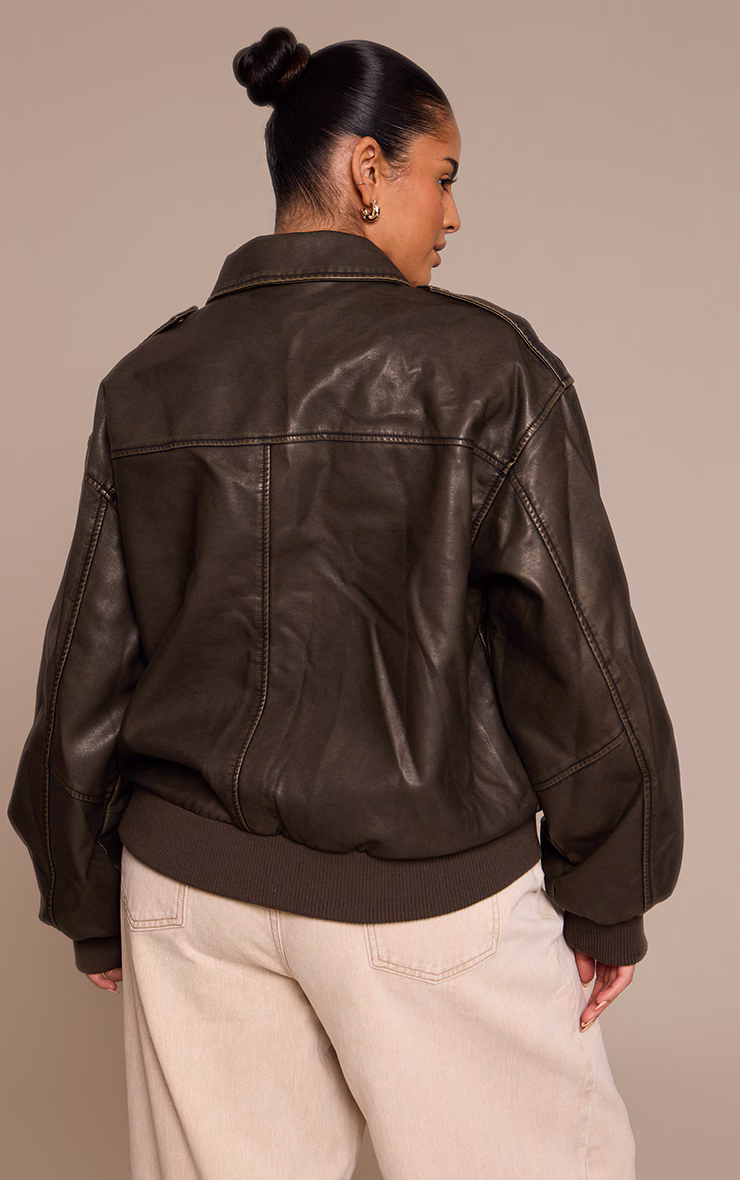 Plus Brown Washed Faux Leather Pocket Detail Bomber Jacket