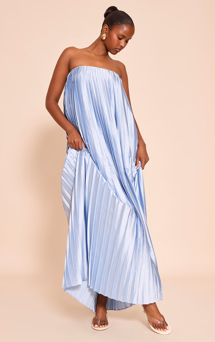 Light Blue Pleated Satin Bandeau Maxi Dress