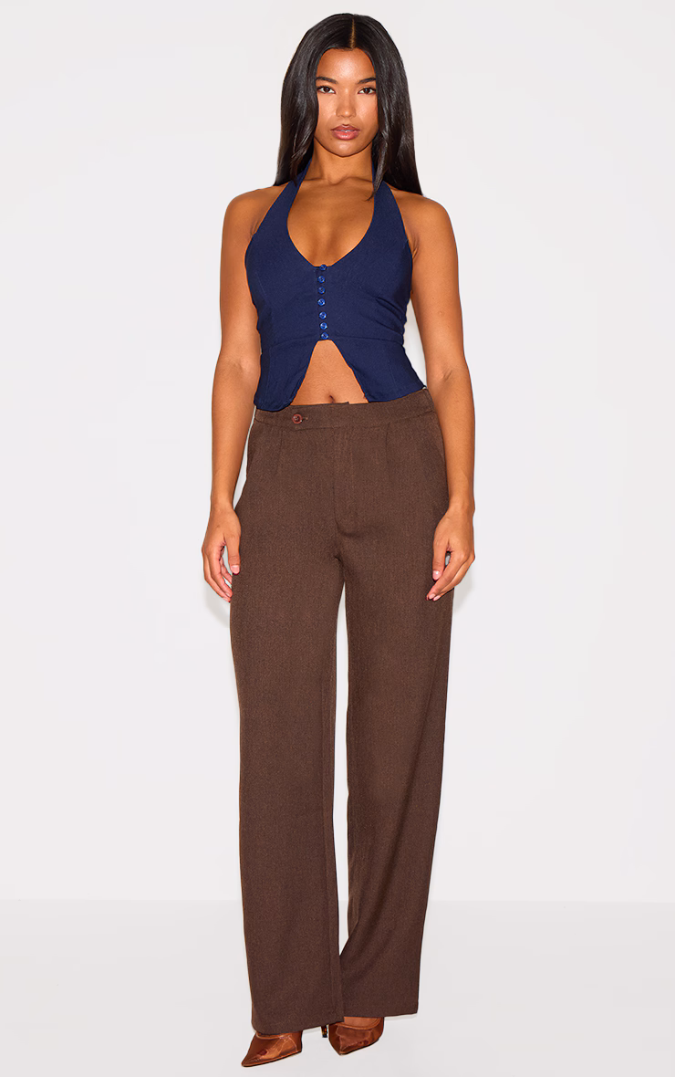 Navy Bengaline Button Up Halterneck Long Top