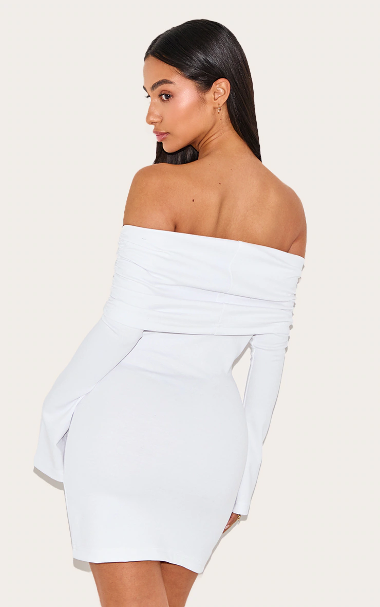 Petite White Foldover Bandeau Long Sleeve Mini Dress