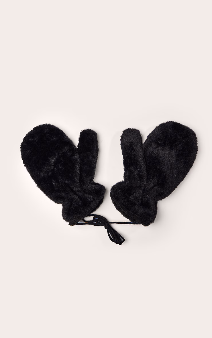 Black Soft Faux Fur Attached Mittens