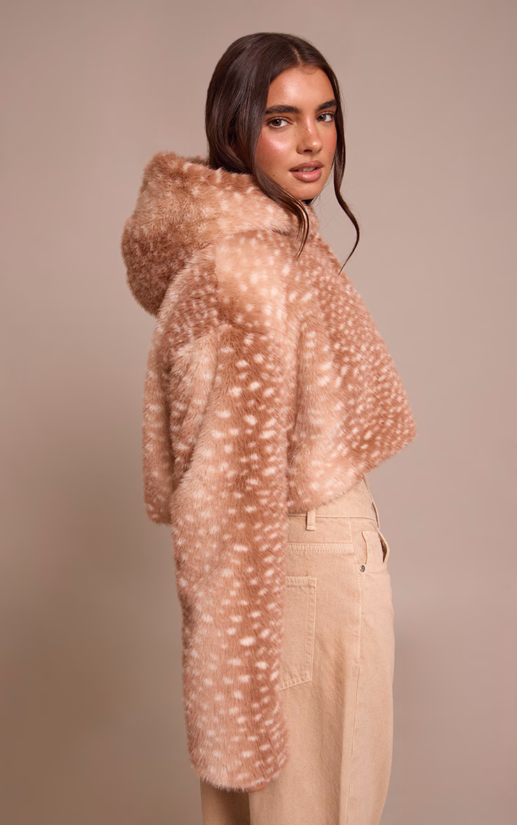 Brown Deer Print Cropped Faux Fur Hooded Coat