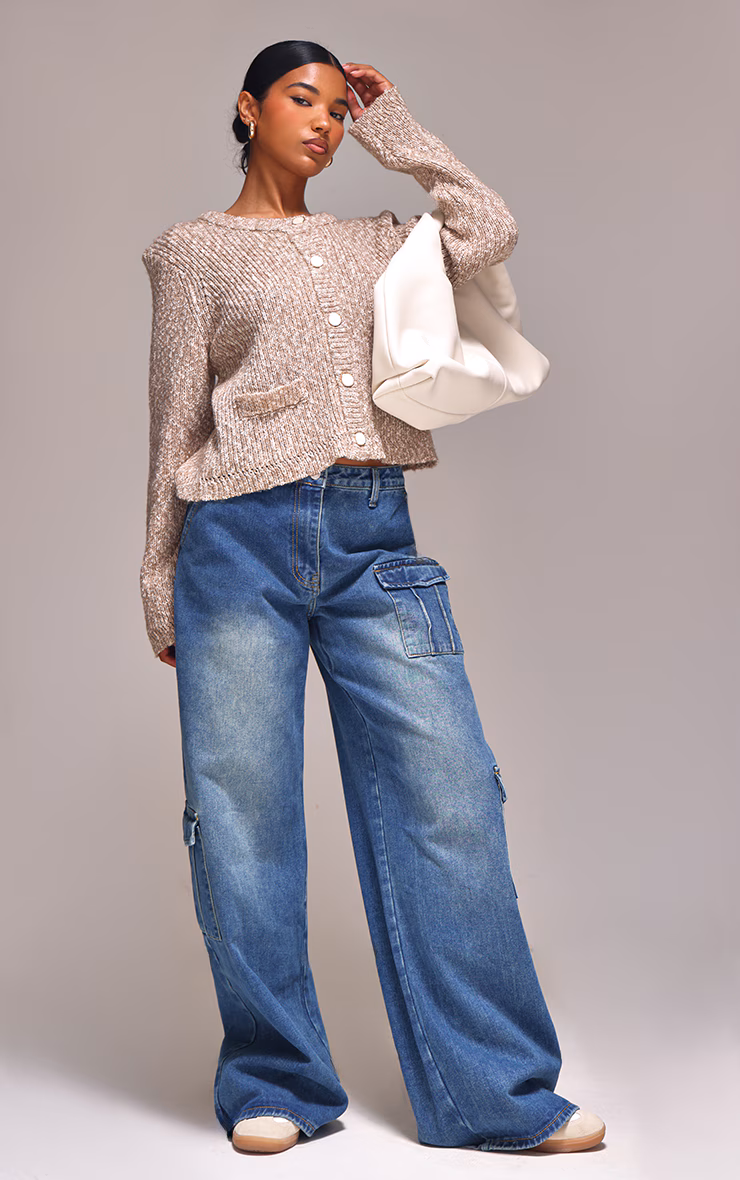 Mocha Marl Textured Bobble Knit Button Up Pocket Detail Cardigan