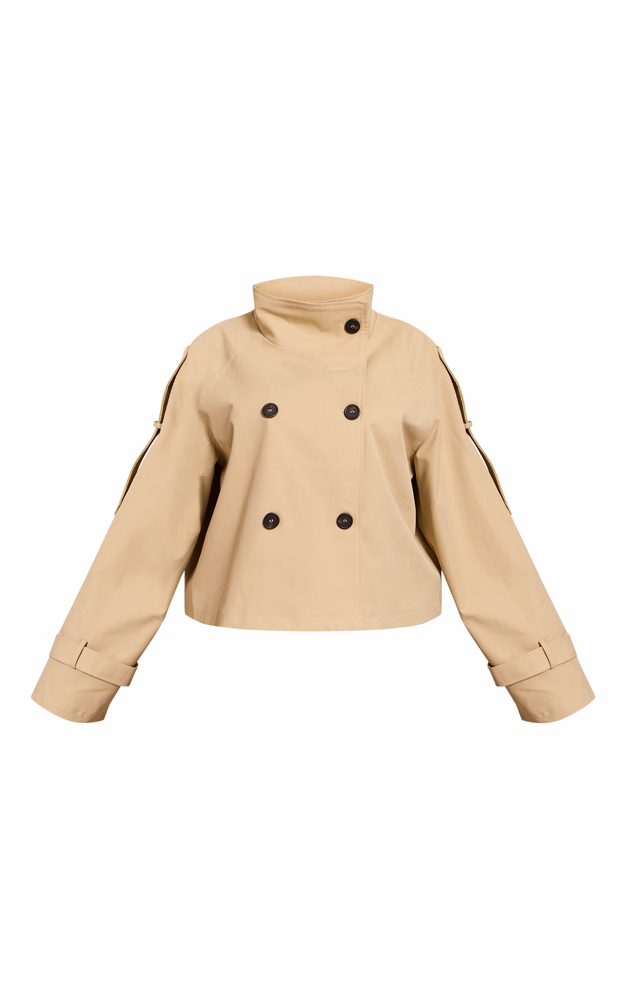 Plus Beige Double Breasted Funnel Neck Cropped Trench Coat