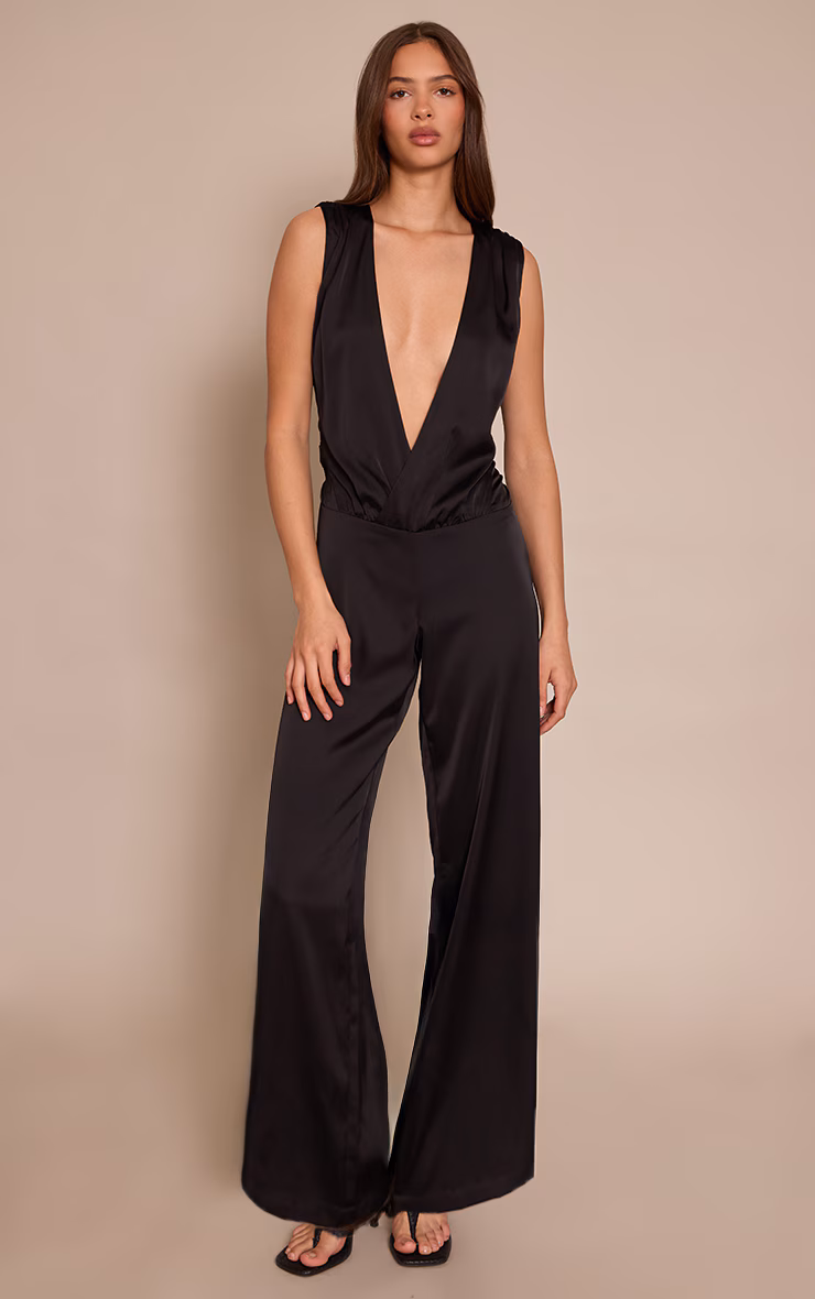 Black Satin Plunge Dropped Waist Jumpsuit