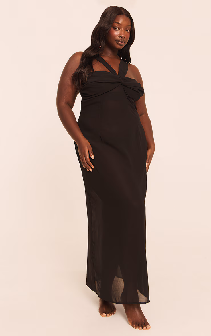 Plus Black Ruched Chiffon Maxi Beach Dress