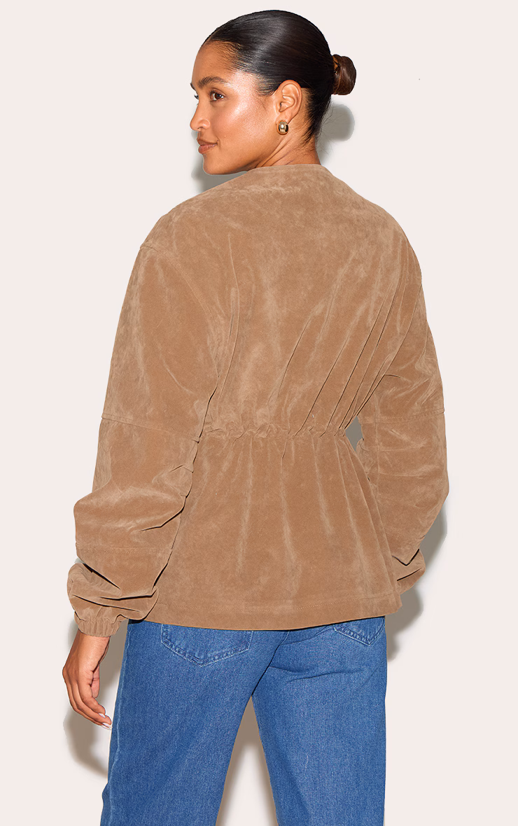 Mushroom Structured Faux Suede Pocket Detail Adjustable Waist Jacket