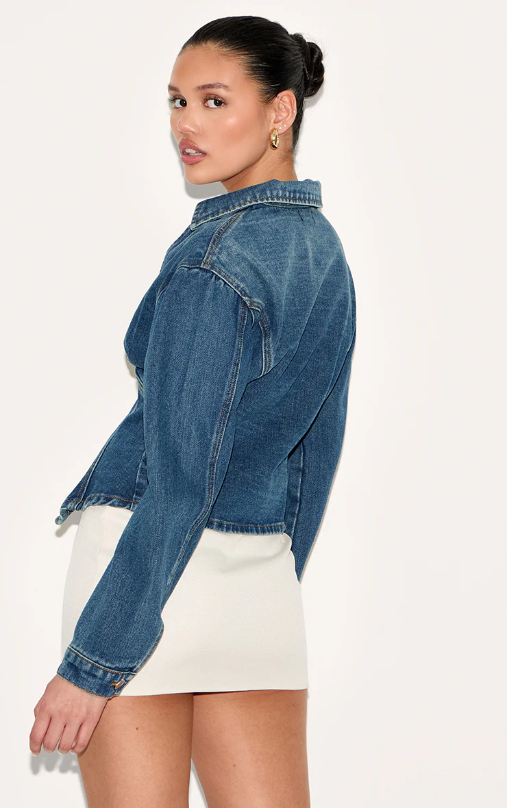 Mid Blue Wash Cinched Waist Split Hem Balloon Sleeve Shirt