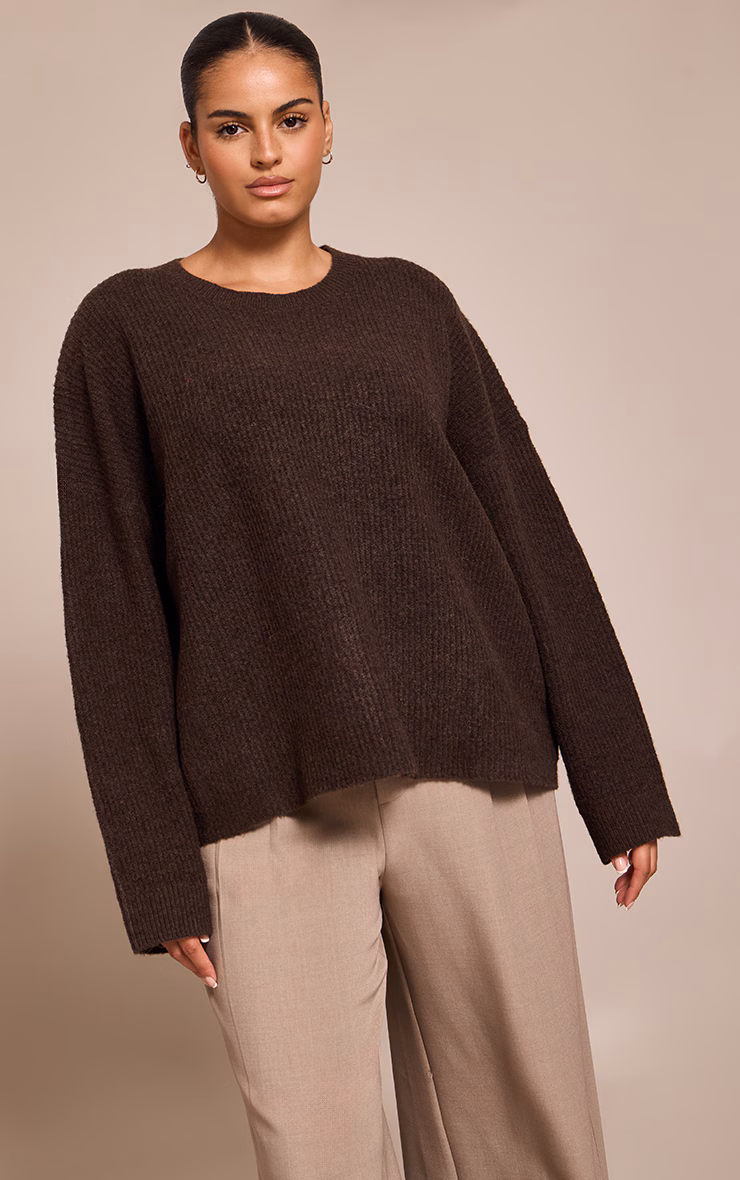 Plus Chocolate Round Neck Knit Raglan Sleeve Sweatshirt