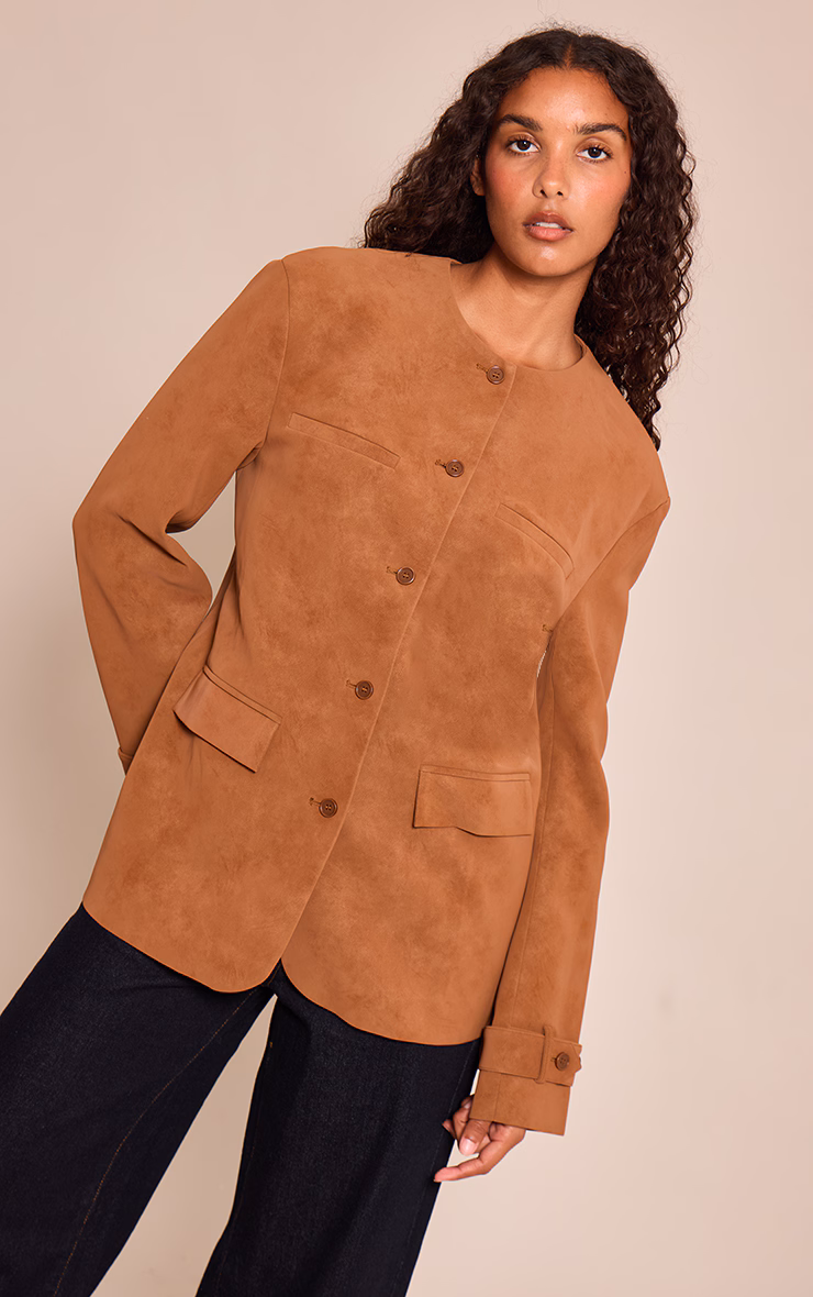 Tan Collarless Button Detail Faux Suede  Jacket