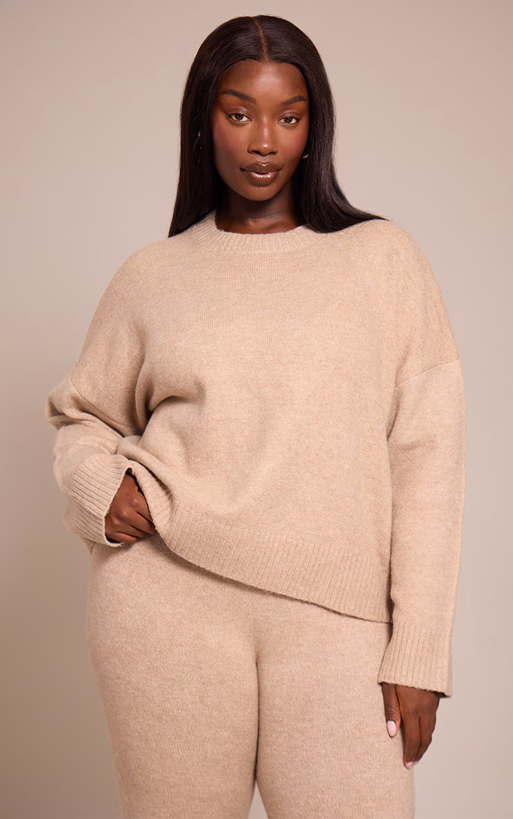 Plus Taupe Marl Knitted Cropped Crew Neck Sweater