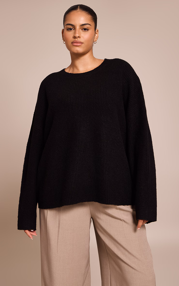 Plus Black Round Neck Knit Raglan Sleeve Sweatshirt