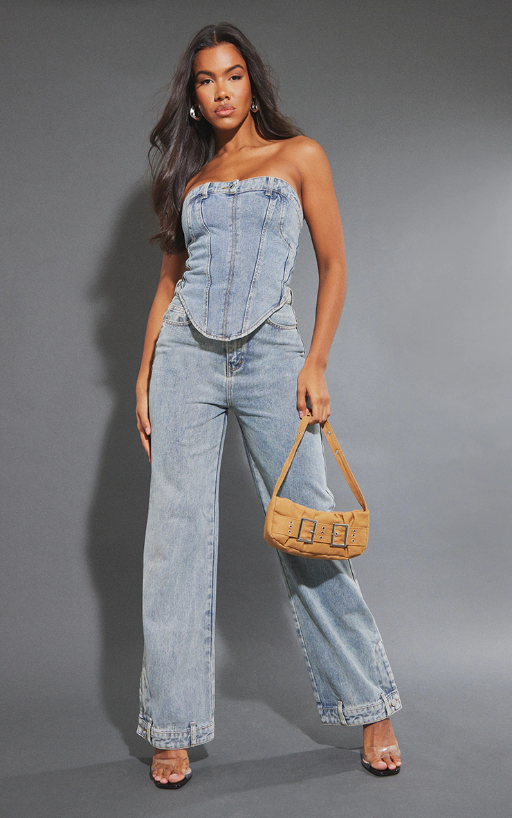 Mid Blue Wash Waistband Detail Hem Straight Leg Jeans