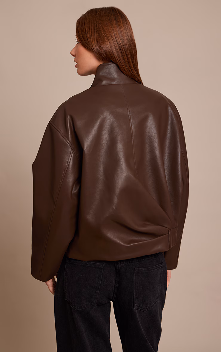 Chocolate Brown Faux Leather Funnel Neck Gathered Back Bomber Jacket
