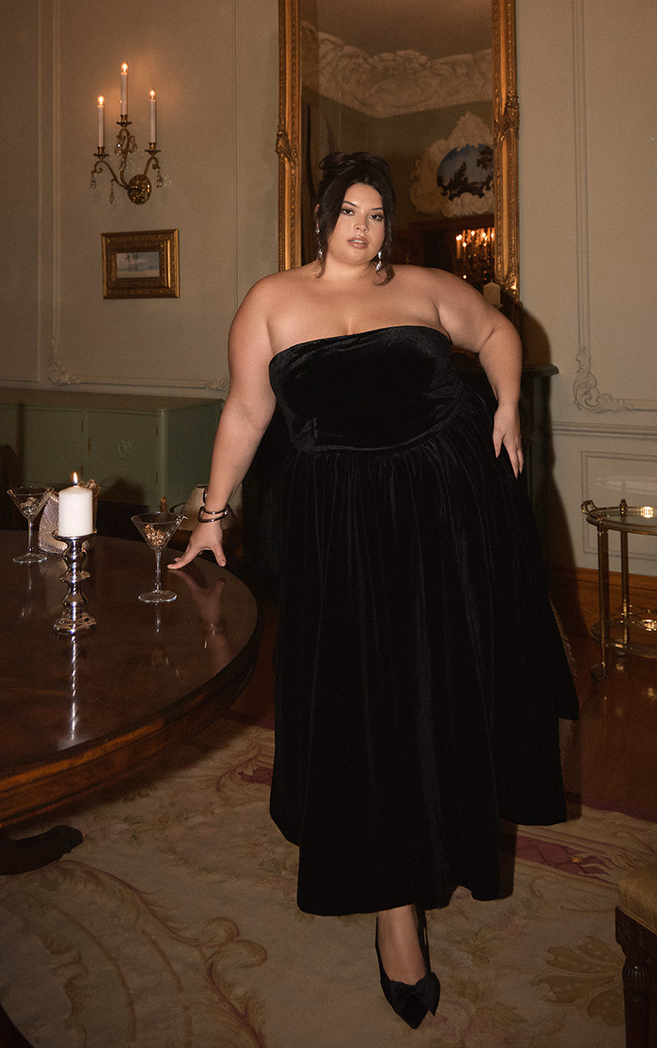 Plus Black Velvet Bandeau Maxi Shift Dress