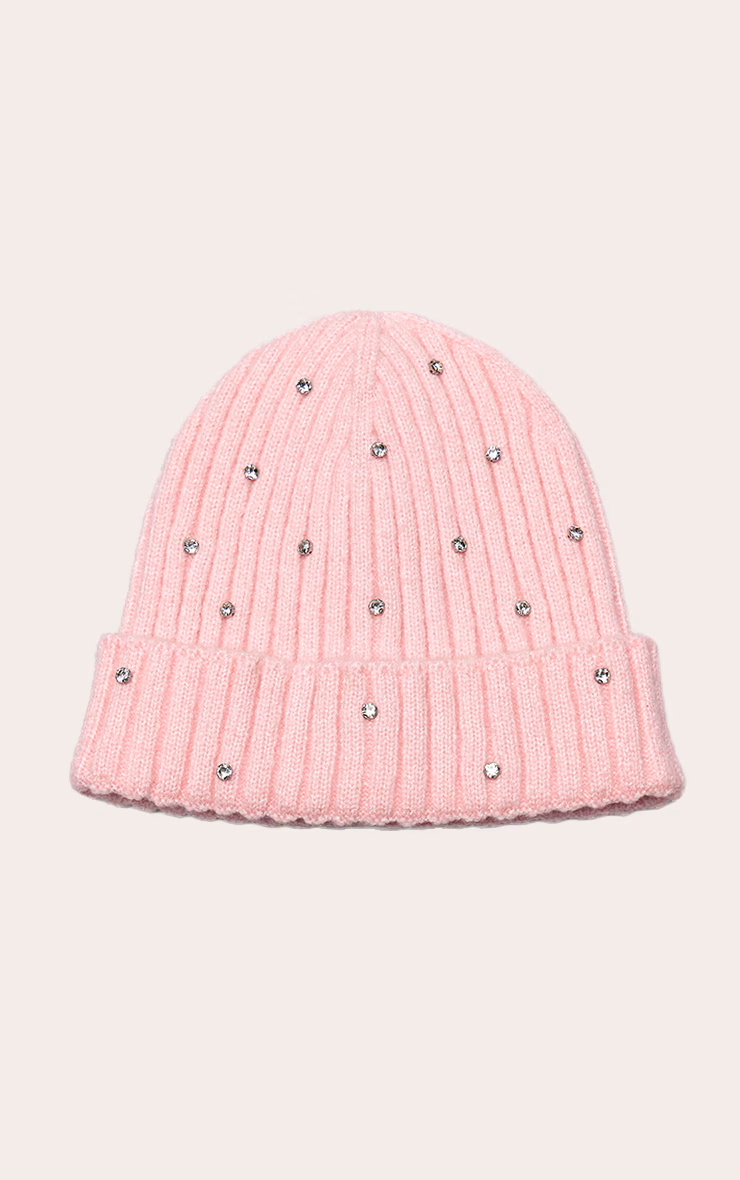 Pink Ribbed Diamante Hat and Scarf Gift Set