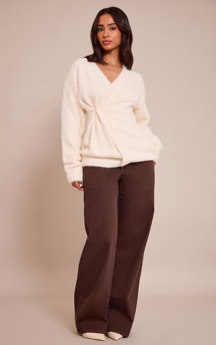 Petite Cream Asymmetric Button Up Sweater