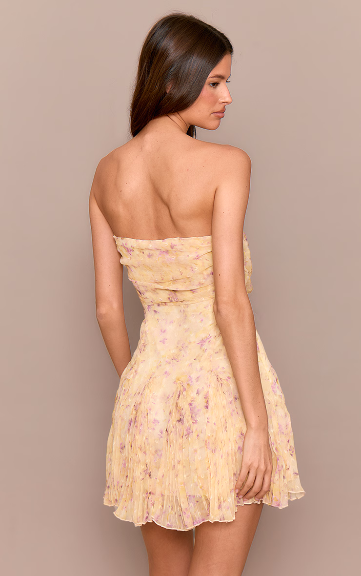 Pale Yellow Chiffon Ditsy Floral Print Fishtail Mini Dress