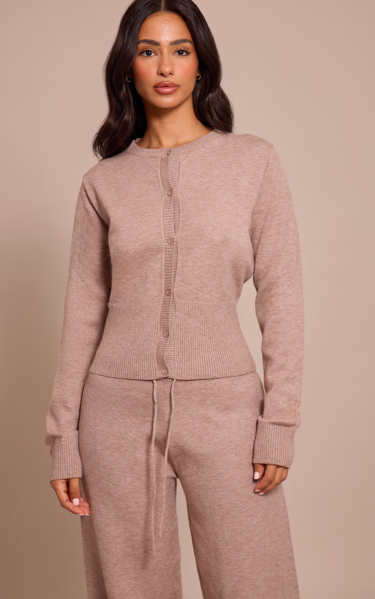 Petite Taupe Ribbed Fitted Waist Knitted Cardigan