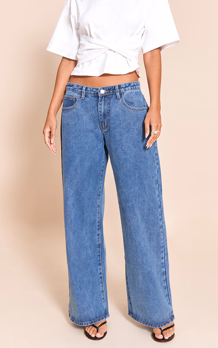Mid Blue Low Rise Wide Leg Jeans