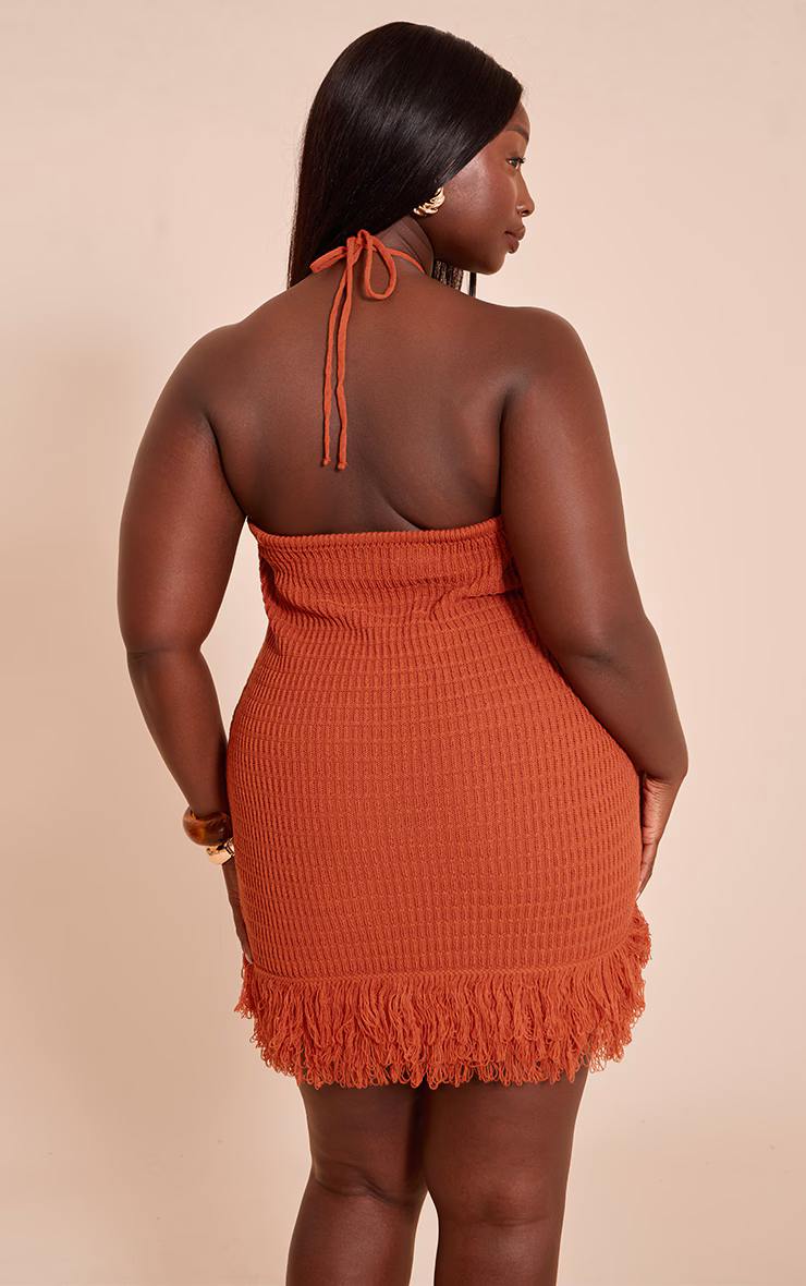 Plus Rust Knitted Halterneck Bead Detail Fringe Mini Dress