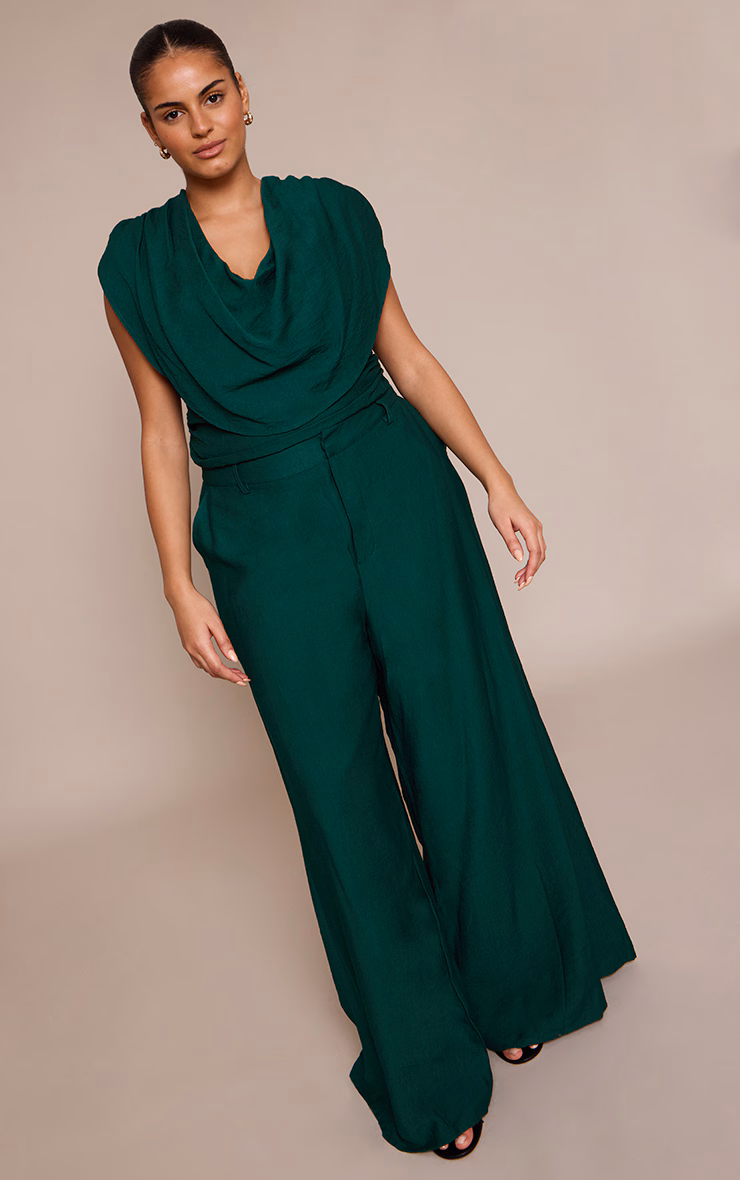 Plus Emerald Green Woven High Waisted Wide Leg Pants