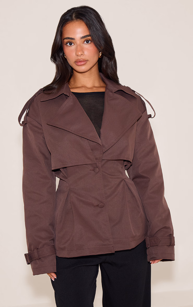 Petite Chocolate Cropped Cinched Waist Belted Trench Coat