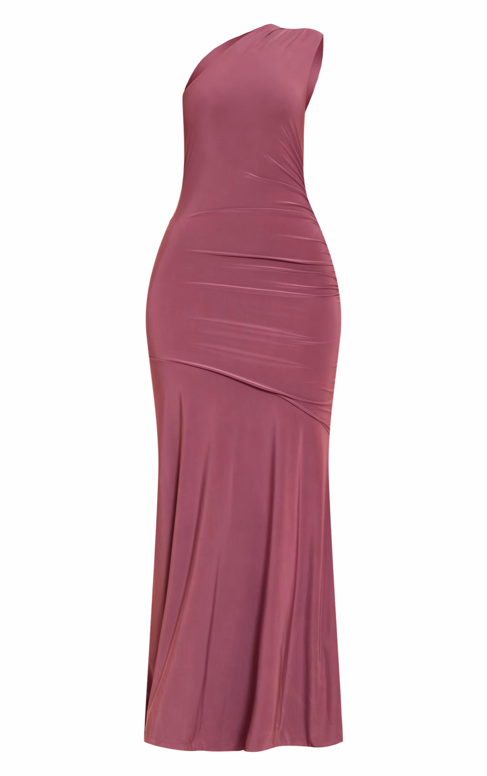 Mauve Double Layer Slinky One Shoulder Ruched Drop Hem Maxi Dress