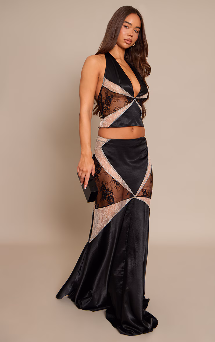 Monochrome Lace Panelled Maxi Skirt