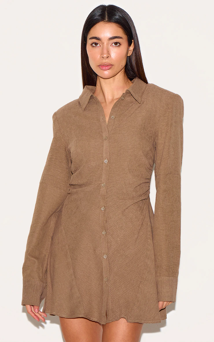Mushroom Structured Ruched Detail Long Sleeve Shirt Dress