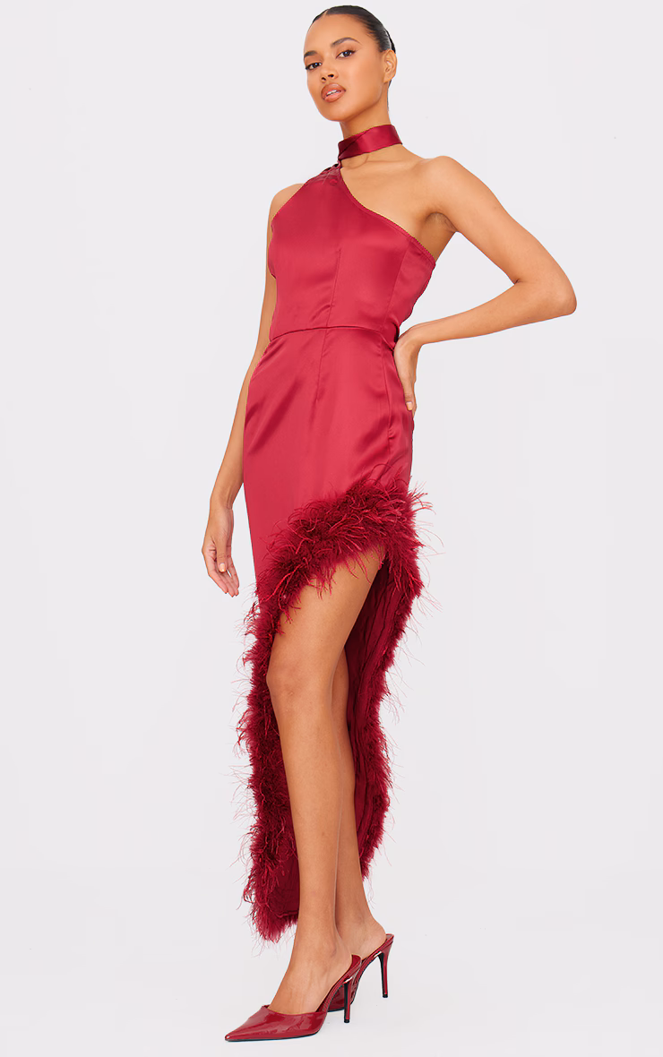 Red Satin High Neck Feather Trim Maxi Dress