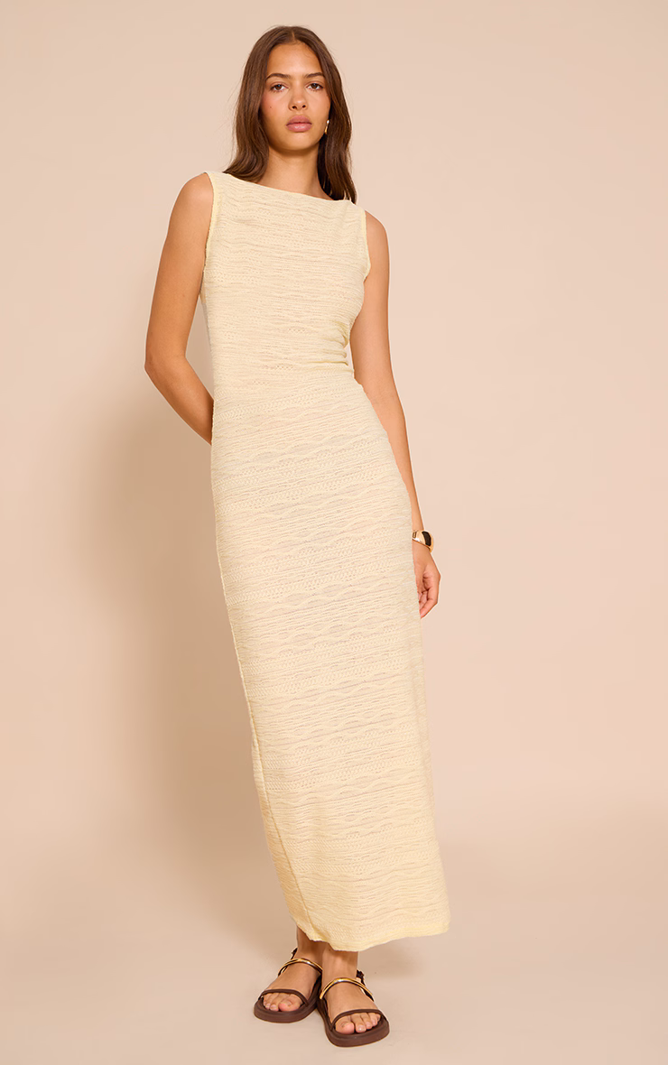 Butter Yellow Textured Boat Neck Maxi Dress