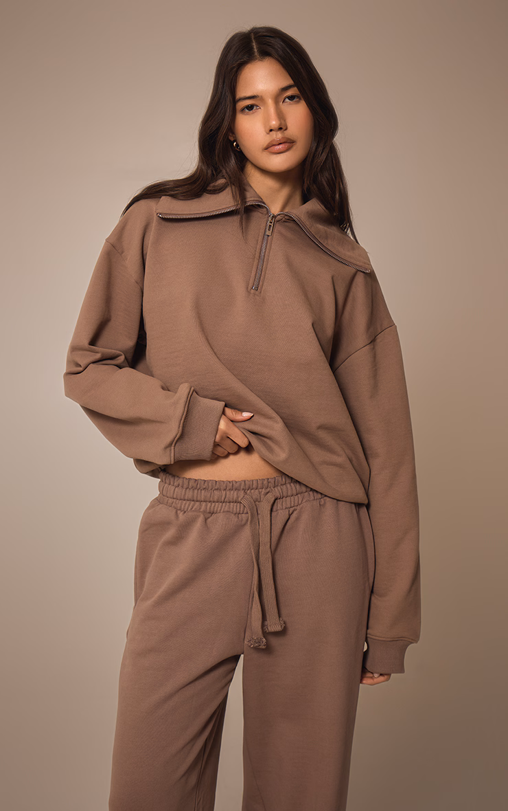 Mocha Premium Loopback Quarter Zip Foldover Sweatshirt