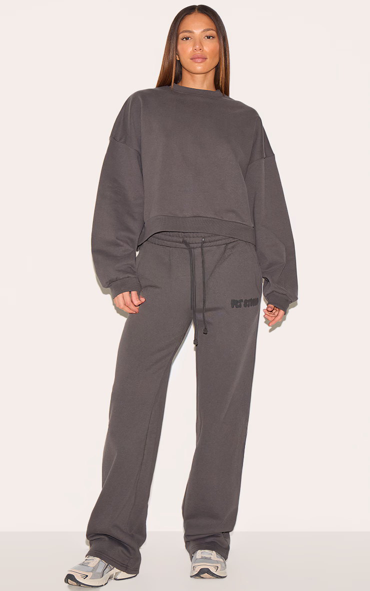 PRETTYLITTLETHING Tall Charcoal Premium Studio Print Boxy Sweatshirt