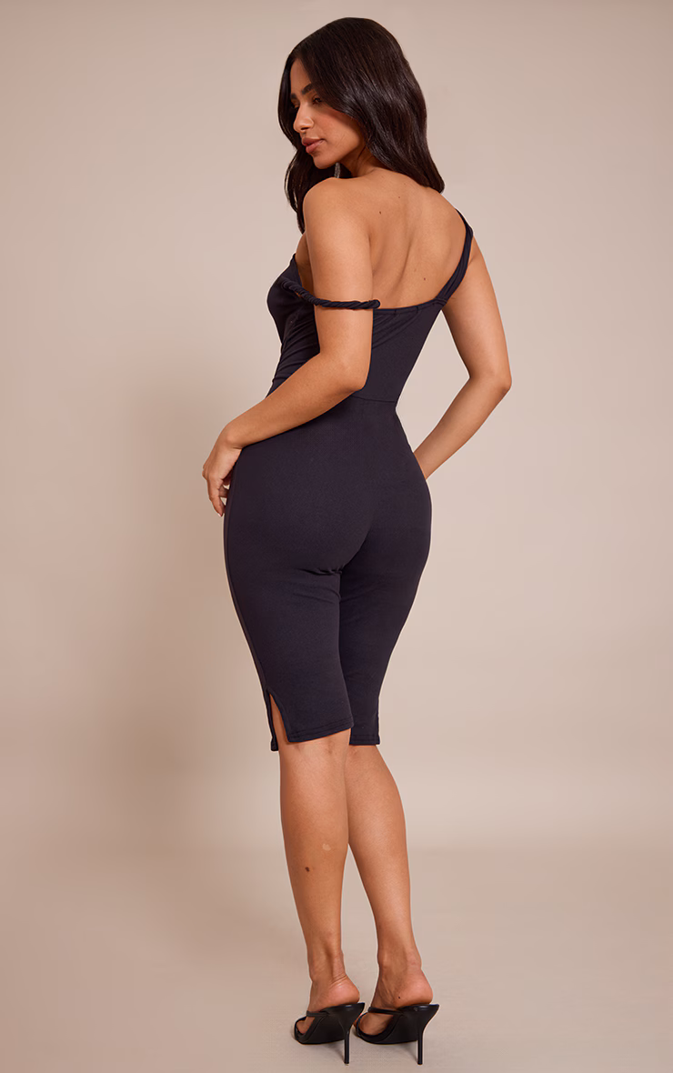 Petite Black Super Soft Bardot Twist Detail Fitted Jumpsuit