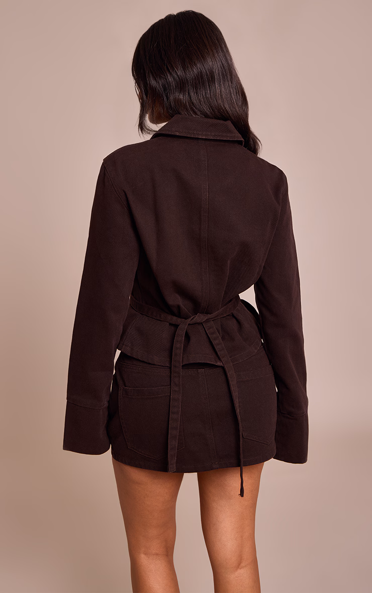 Petite Dark Chocolate Concealed Placket Crop Belted Denim Jacket