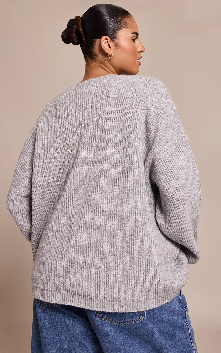 Plus Ash Grey Round Neck Knit Raglan Sleeve Sweatshirt