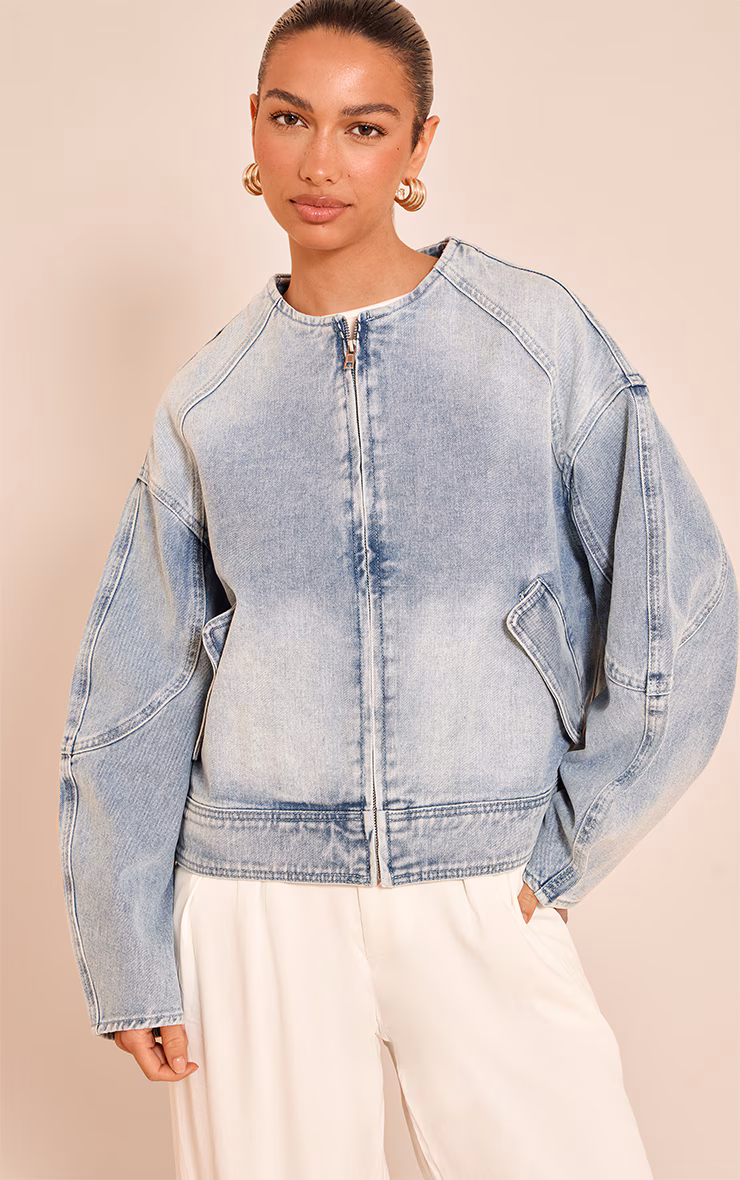 Light Blue Round Neck Balloon Sleeve Denim Jacket