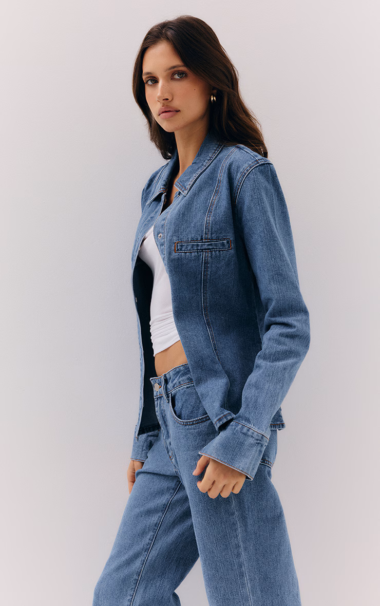 Mid Blue Wash Cinched Waist Seam Detail Long Sleeve Shirt