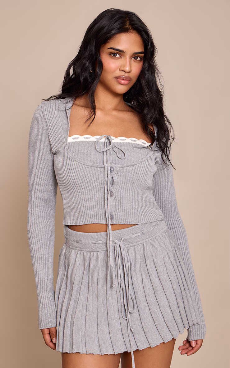 Petite Ash Grey Tie Detail Double Layer Knit Top