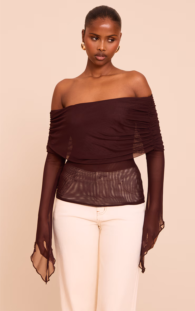 Deep Chocolate Mesh Fold Over Extreme Sleeve Detail Top