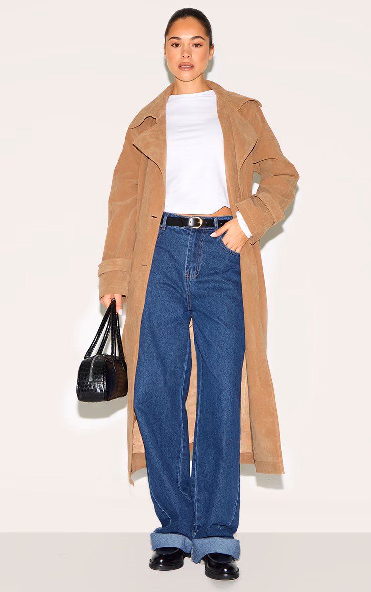 Tan Faux Suede Buckle Belt Trench Coat