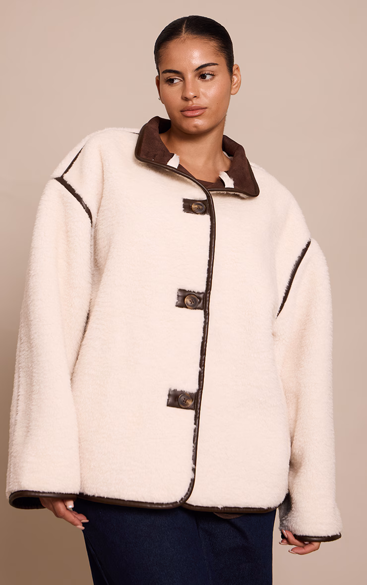 Plus Cream Borg Faux Leather Contrast Coat