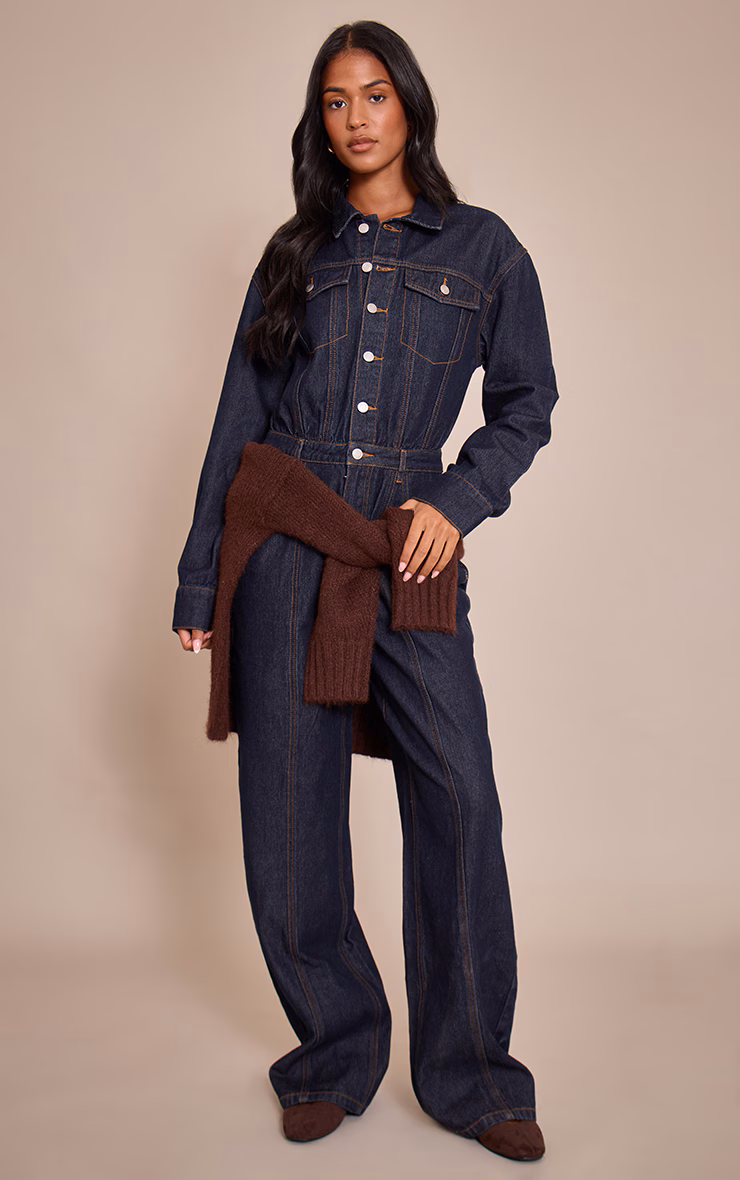 Tall Indigo Contrast Stitch Long Sleeve Denim Jumpsuit