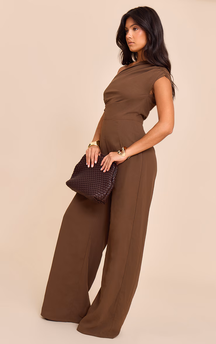 Mushroom Chiffon One Shoulder Ruched Jumpsuit