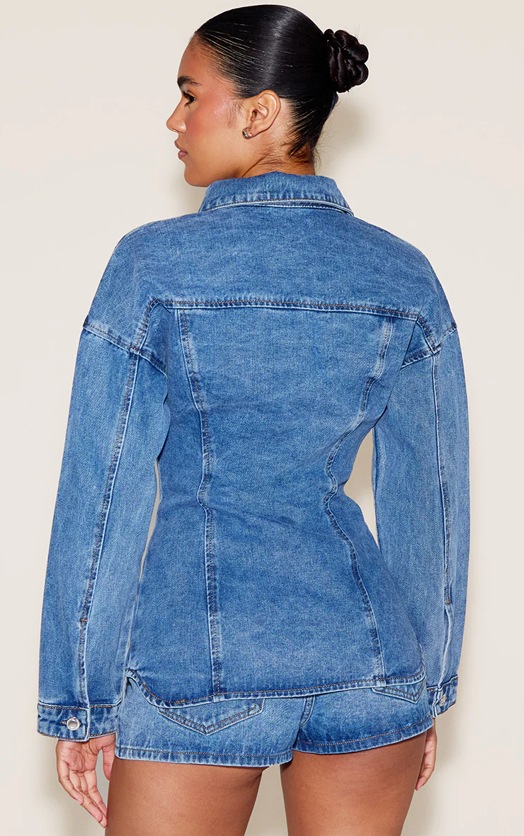 Mid Blue Wash Seam Detail Cinch Waist Longline Shirt